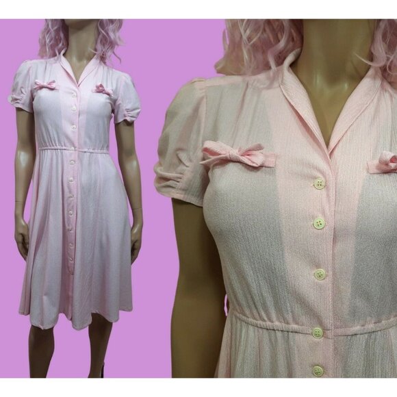 Vintage 70s 80s Pastel Pink Short Sleeve Button Front Dress Bows Size S Coquette - Picture 1 of 6
